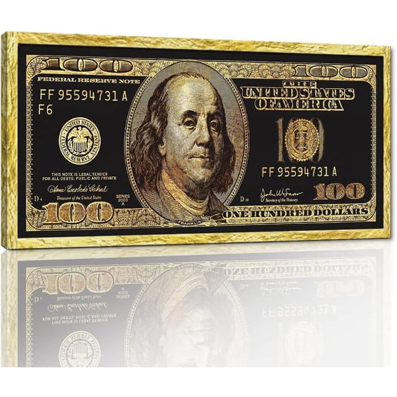 VELVET Golden Dollar Wall Patg Giclee Canvas Artwork 100 Dollar Money Poster and Prt Creative 100 Bill Art Prt Modern Home Decor Patg HD Prt for Livg Room Bedroom Easy to Hang- 24x16inch Framed
