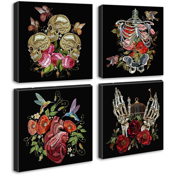 VELVET Gothic Wall Art 4-Panel Skeleton and Roses Canvas Print, Dark Moody Decor for Bedroom, Bathroom, Halloween, Ready to Hangx4 10x8inch Unframed