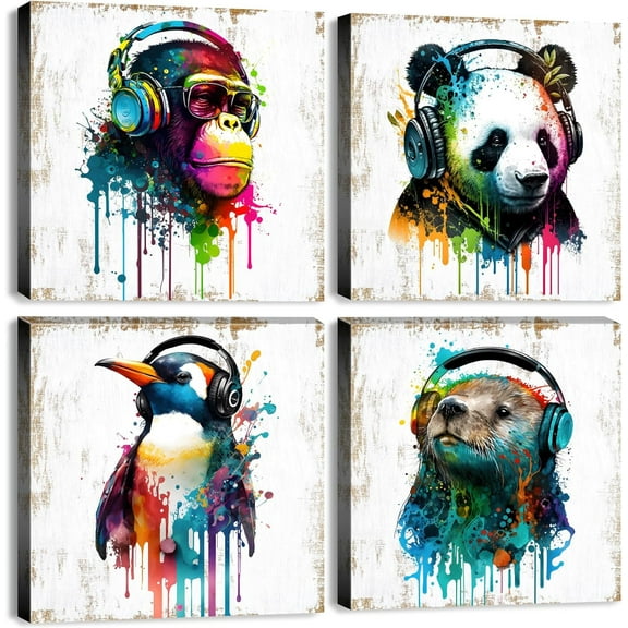 VELVET Graffiti Animal Canvas Wall Art Kids Room Watercolor Chimpanzee Panda Pictures Wall Decor Cartoon Cute Funny Penguin Bear with Headphone Painting Colorful Decorations 4 Pcs 10x8inch Unframed