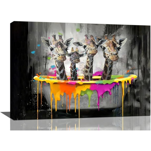 VELVET Graffiti Giraffe Bathroom Decor Wall Art Cute Giraffe on Bathtub Pictures Canvas Wall Decor Funny Animal Print Painting Artwork Home Decorations for Bedroom Living Room Office 18x12inch Framed