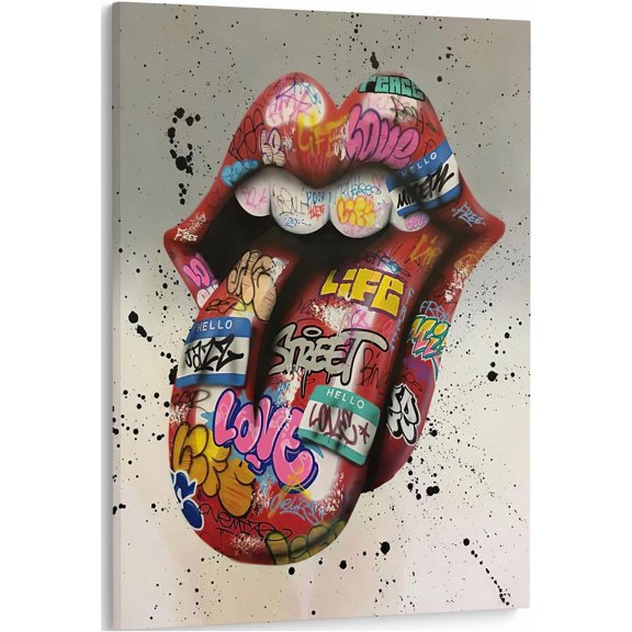 VELVET Graffiti Lips Canvas Wall Art Poster Prints Pop Tongue Out Picture Artwork Colorful Abstract Street Graffiti Art Wall Decor Bedroom Living Room Kitchen Office Decoration 11x14inch Framed