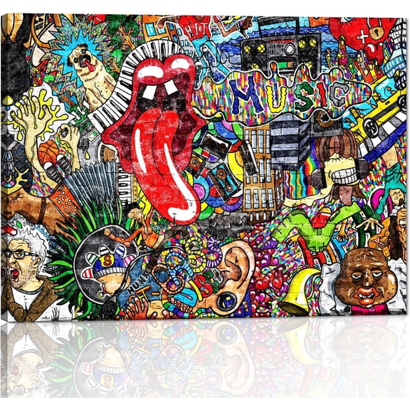 VELVET Graffiti Painting on Canvas Wall Art Colorful Doodle Picture Music Party Collage on Brick Wall Posters and Prints Modern Contemporary Home Decor for Living Room, Pub, Bar, 24x16inch Framed
