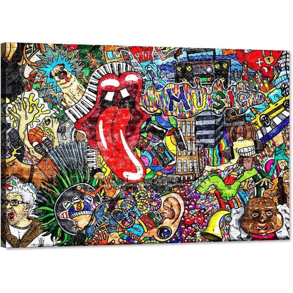 VELVET Graffiti Paintings Canvas Colorful Wall Art Living Room Decor Pictures Music Collage on Brick Wall Contemporary Home Decor Modern Artwork Posters and Prints Ready to Hang 14x11inch Framed