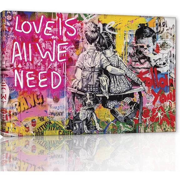 VELVET Graffiti Street Wall Art Boy and Girl Sitting Together Colorful Doodle Wall Pictures Giclee Canvas Paintings Poster and Prints Artwork Modern Art for Home Wall Decor 24x20inch Framed