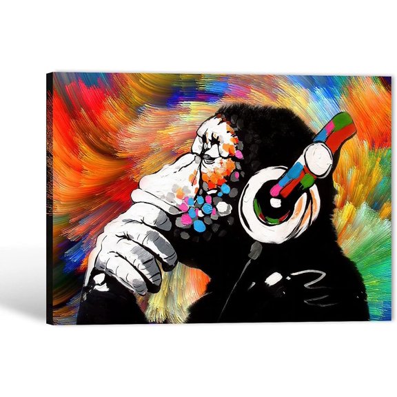 VELVET Graffiti Wall Art Graffiti Canvas Wall Art, Colorful DJ Monkey Chimp Poster Pictures for Living Room Decor, Street Art Canvas Graffiti, Modern Pop Artwork for Home Wall Decor 24x16inch Framed