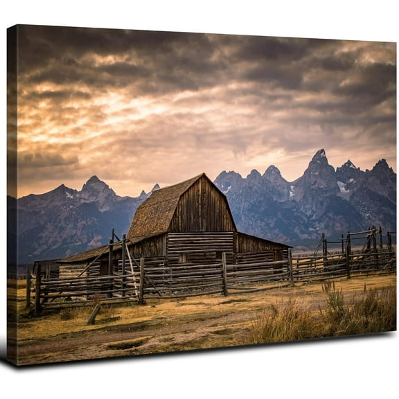 VELVET Grand Teton National Park Canvas Wall Art Sunset Moulton Barn Landscape Wall Decor, Wyoming Nature Mountains Scenery Picture Artwork Painting for Living Room Bedroom Kitchen 16x12inch Framed