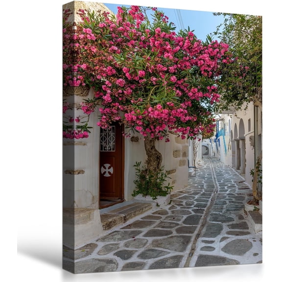 VELVET Greece Beautiful Scenery Picture Bougainvillea Flower Blooming on the Roadside Canvas Wall Art Old Town Streets Art Prints Wall Decor Home Office Decoration and Stretched, 8x10inch Framed