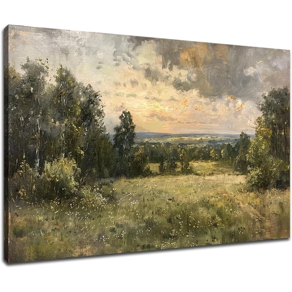 VELVET Green Meadow Canvas Prt Wall Art Vtage Countryside Forest Patg Poster Nature Wilderness Picture for Bedroom Bathroom Office Wall Decoration Ready to Hang 10x8inch Framed