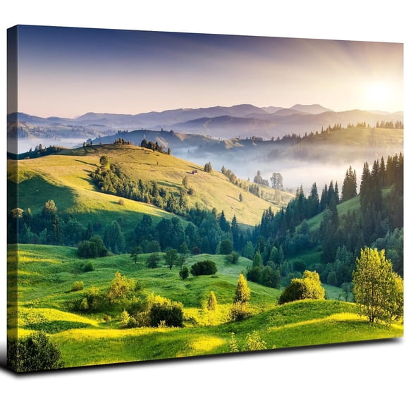 VELVET Green Misty Forest Wall Art Spring Mountain Landscape Wall Decor Large Nature Scenery Canvas Picture Painting Modern Artwork for Bedroom Living Room Office Home Decoration 24x16inch Framed