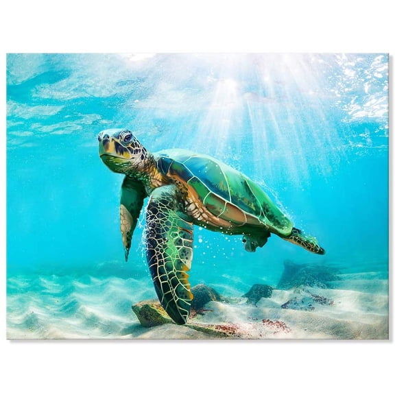 VELVET Green Sea Turtle Wall Art Submarine Picture Blue Ocean Animal Painting Coastal Wall Decor Ready to Hang for Bathroom Livingroom 20x16inch Framed