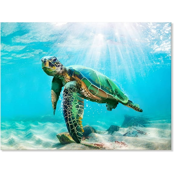 VELVET Green Sea Turtle Wall Decor Tropical Canvas Wall Art Prints Hawaii Turtle Picture Gift Florida Sea Life Teal Watercolor Ocean Animal Painting Small Pictures for Living Room 14x11inch Framed