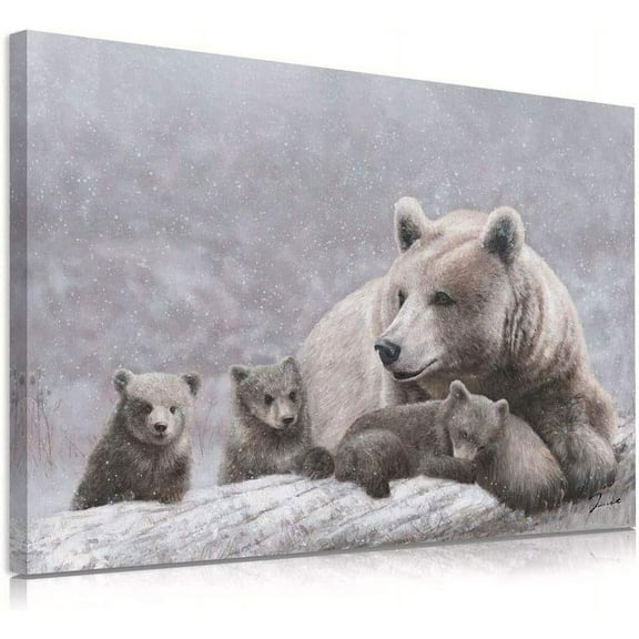 VELVET Grizzly Bear Wall Art : Grey Bear Mama and Cubs Pictures Woodland Animal Poster Snowy Winter Canvas Prints for Baby Kids Room Nursery Cabin ations Birthday Christmas Gift 24x16inch Framed