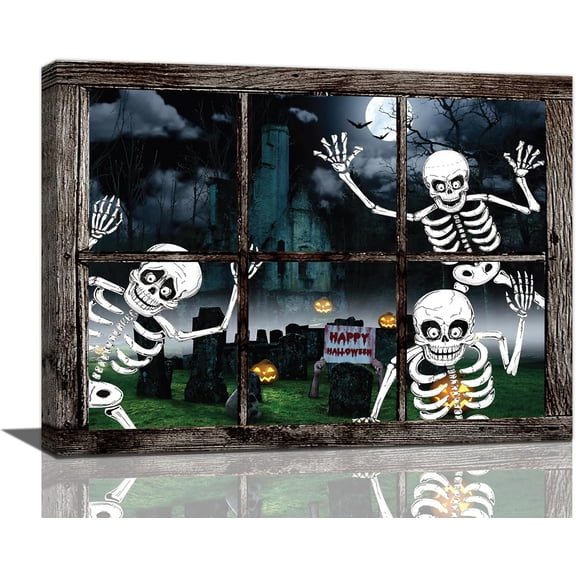 VELVET Halloween Wall Art Skeleton Pictures Wall Decor Skull Canvas Prints Artwork Gothic Ghost Home Decor Office Decorations for Bathroom Living Room Bedroom Dinning Room 14x11inch Framed