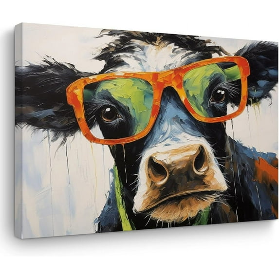 VELVET Happy Cow Decor Canvas Wall Art Poster Artwork Prts Pictures for Home Farmhouse Bathroom Kitchen Boys Girls Bedroom Livg Room 24x16inch Framed