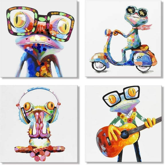 VELVET Happy Frog Animal with Glasses Canvas Wall Art Frog Painting Poster Wall Decor Colorful Funny Animal Wall Art for Kids Room Bedroom Bathroom Modern Home Decorx4pcs 24x16inch Framed