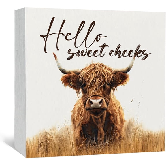 VELVET Hello Sweet Cheeks Wooden Signs, Western Highland Cow Home Decor Signs, Rustic Farmhouse Animal Office Badroom Decor, Highland Cow Gifts for Women Cow Lovers 16x12inch Framed