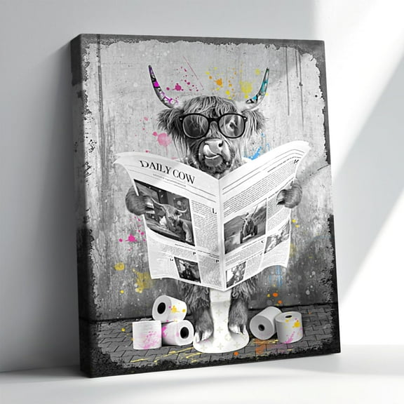 VELVET Highland Cow Canvas Wall Art - Funny Bison Wall Decor, Black & White Bathroom Cow Picture, 11x14inch Framed