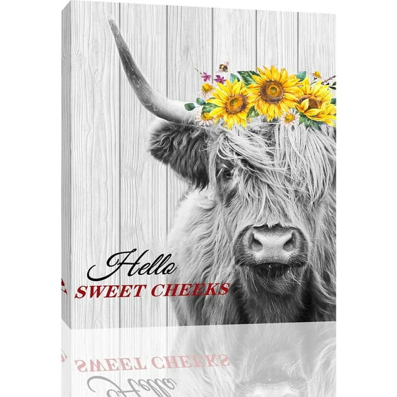 VELVET Highland Cow and Sunflower Bathroom Decor Canvas Wall Art Cute Black and White Cow Hello Sweet Cheeks Picture Wall Decor Poster Farmhouse Style Office Toilet Decor Patg 8x10inch Unframed