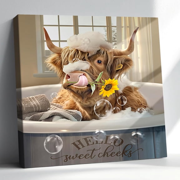 VELVET Highland Cow Wall Art Cow Bathroom Decor Cute Cow Bathroom Canvas Prts Funny Highland Cow Prts Art Cow On Toilet Picture Rustic Farmhouse Modern Style Restroom Bath Patg Prt 20x16inch Framed