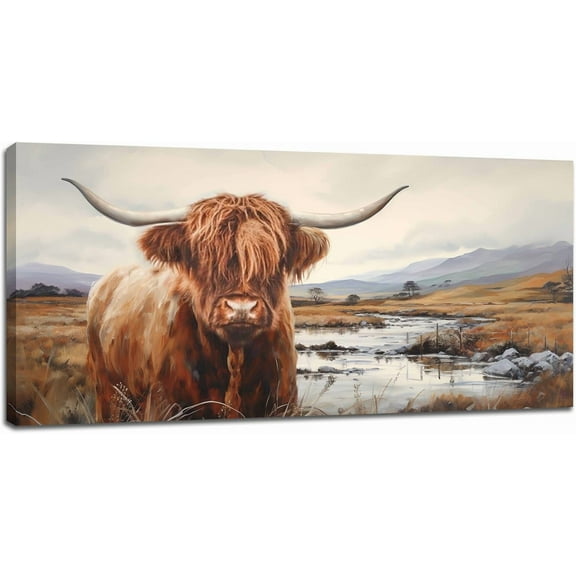 VELVET Highland Cow Wall Art for Living Room Bedroom Office Country Farm Cow Large Wall Decor Highland Cow Pictures Print Large Canvas Art Country Cow Painting for Walls Ready to Hang 10x8inch Framed