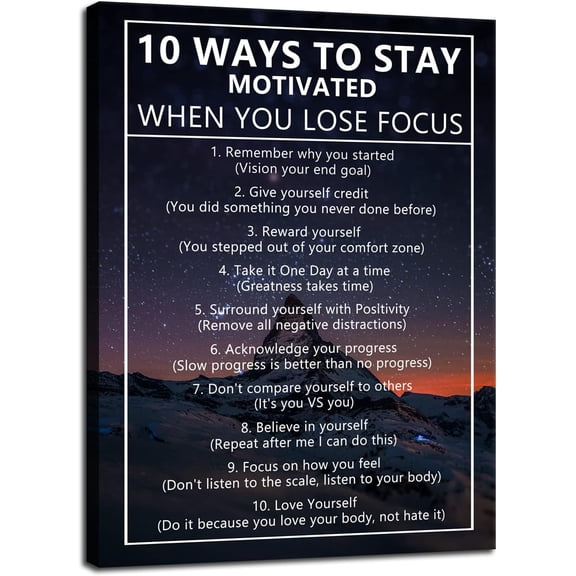 VELVET Inspirational Canvas Painting Wall Art for Office 10 Ways to Stay Motivated When You Lose Focus Motivational Wall Art Life Growth Poster Artwork Prints Picture for Living Room 12x16inch Framed