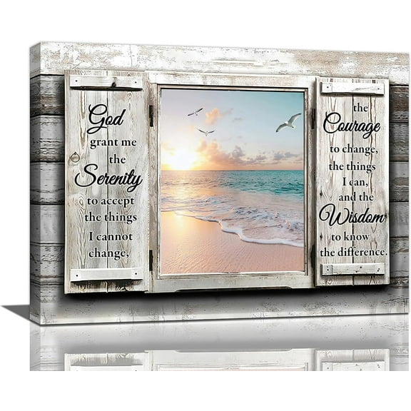 VELVET Jamie world Beach Serenity Prayer Wall Art Coastal Country Canvas Prints Window Sunset Ocean Picture Scripture Christian Artwork Home Decor for Bathroom Kitchen Dining Living 24x20inch Framed