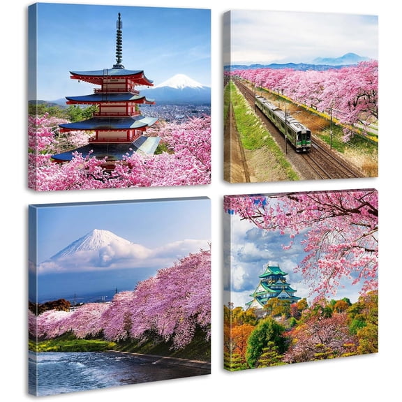 VELVET Japanese Cherry Blossom Wall Art Asian Nature Landscape Romantic Canvas Prints Japanese Mount Fuji Posters Spring Scenery Pictures Modern Artwork for Living Room DecorationX4 24x16inch Framed