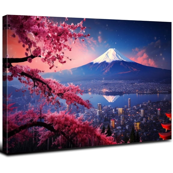 VELVET Japanese Cherry Blossom Wall Art Asian Nature Landscape Romantic Canvas Prints Japanese Mount Fuji Posters Spring Scenery Pictures Poster Modern for Living Room Decorations 24x16inch Framed