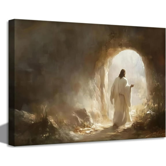 VELVET Jesus Canvas Wall Art Jesus Leaves The Tomb Wall Decor picture Christianity Resurrection of the Savior Poster Print Christ God Painting for Church Gallery Decoration, Canvas 24x20inch Framed