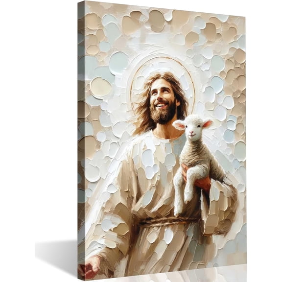 VELVET Jesus and Lamb Canva Wall Art Modern Jesus Bible Poster Picture Holy Good Shepherd Painting Christian Renaissance Print for Church Living Room Religious Bedroom Wall Decor 11x14inch Framed