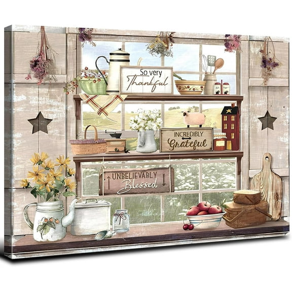 VELVET Kitchen Canvas Wall Art Rustic Windowsill Kitchenware Picture Floral Fruits Farm Canvas Prints Vintage Still Life Wall Decor Restaurant Table Living Room Modern Decorations 10x8inch Framed