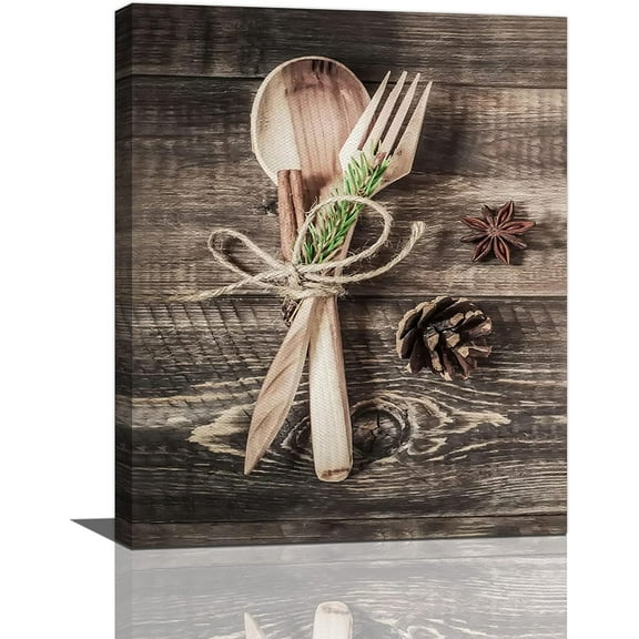 VELVET Kitchen Wall Art Dining Room Wall Decor Wooden Fork Spoon Kitchen Pictures Wall Decor Country Canvas Prints Painting Artwork Home Decorations For Dining Room Restaurant 16x20inch Framed