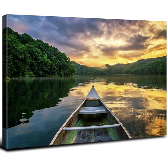 VELVET Lake Forest Canvas Wall Art Sunset Boat Landscape Picture Living Room Appalachian Mountain Scenery Photo Prints, Nature Painting Poster Modern Artwork for Office Decorations 14x11inch Framed