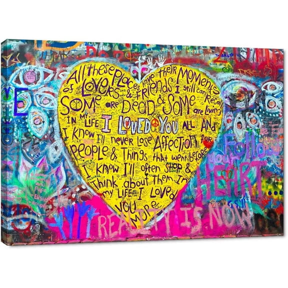 VELVET Large Banksy Street Decor Poster Canvas Graffiti Wall Art I Loved You Yellow Love Heart Wall Art Canvas Prints and Painting Home Wall Decor Office Graffiti Art Easy to Hang 16x12inch Framed
