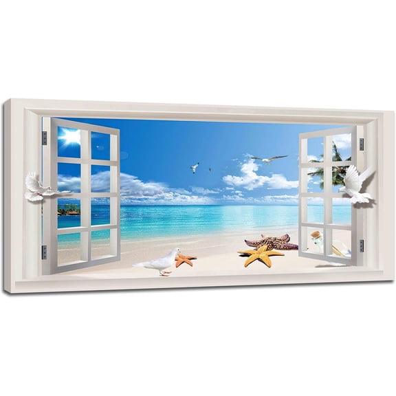 VELVET Large Beach Bathroom Wall Art Beach Pictures Wall Decor 3D Wdow Art Starfish Blue Sea Coastal Canvas Patg Prt Palm Tree Tropical Ocean Decor Artworks for Livg Room Bedroom 10x8inch Framed