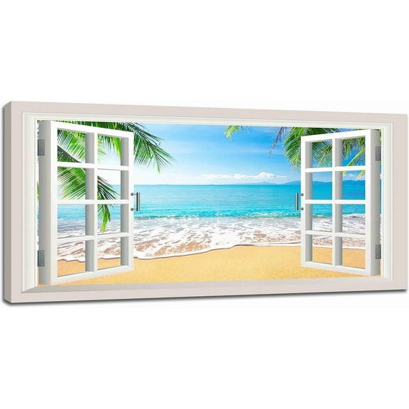 VELVET Large Beach Bathroom Wall Art Coastal Beach Ocean Pictures Wall Decor 3D Window Art Blue Sea Canvas Painting Print Tropical Palm Tree Nature Landscape Artwork for Living Room 10x8inch Unframed