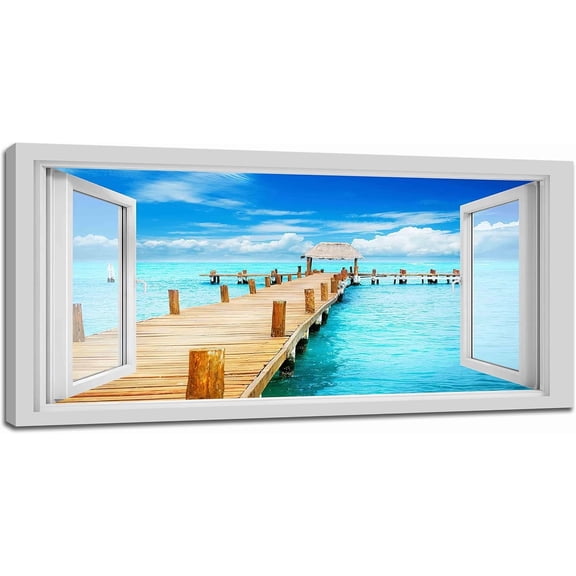 VELVET Large Beach Bathroom Wall Art Coastal Beach Ocean Pictures Wall Decor 3D Window Art Blue Sea Island Canvas Painting Print Tropical Nature Landscape Decor Artwork for 10x8inch Framed