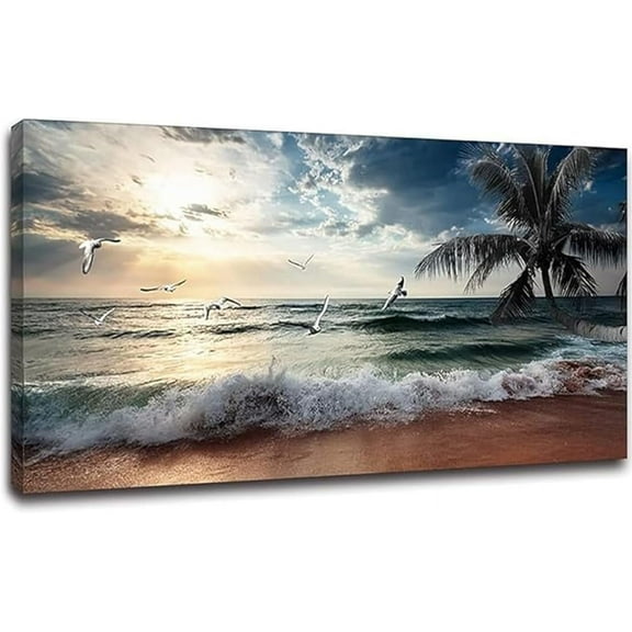 VELVET Large Beach Ocean Canvas Wall Art Coast Sunset Sea Paintings Poster Seascape Picture Palm Artwork for Living Room Bedroom Home Decorations Wall Room Decor Modern 14x11inch Framed