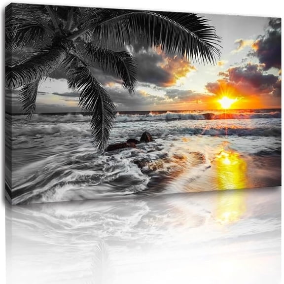 VELVET -Large Canvas Ocean Wall Art Black White Gold Wall Art Beach Pictures for Walls Sunrise Seascape Scenery Prt Palm Poster Wave Sea Artwork for Wall Art Livg Room Wall Decor 14x11inch Framed