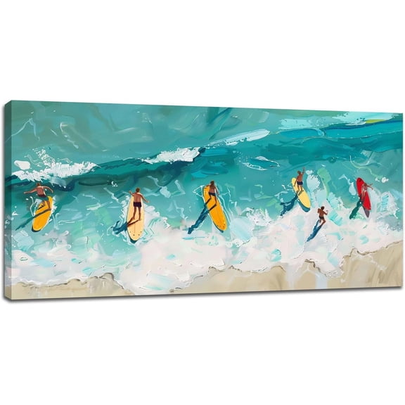 VELVET Large Canvas Wall Art Decor for Living Room Bedroom Beach Surfing Pictures Coastal Teal Wave Painting Prints Home Office Artwork Decoration 18x12inch Framed