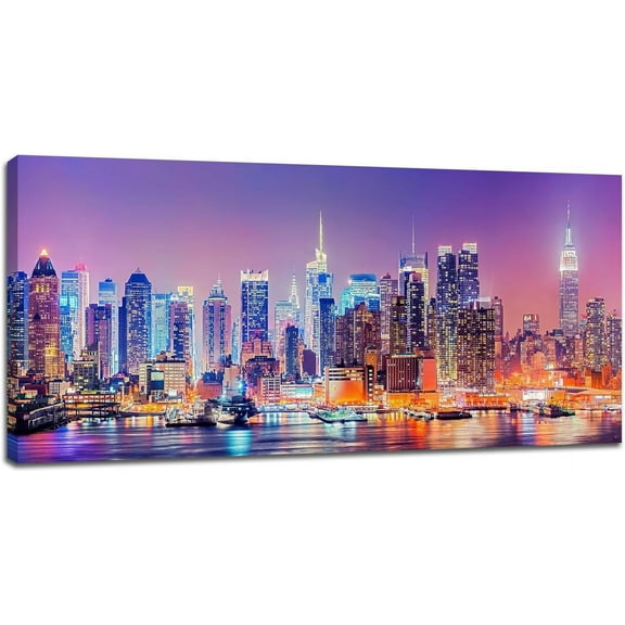 VELVET Large Canvas Wall Art Decor for Living Room Bedroom New York Skyline Pictures Modern City Night Landcape Purple Painting Prints Home Office Artwork Decoration 18x12inch Framed