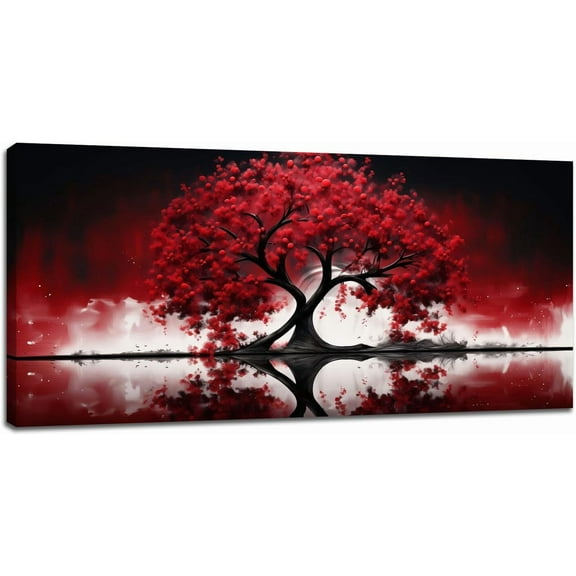 VELVET Large Canvas Wall Art Decor for Living Room Bedroom Red Tree of Life Pictures Black White Nature Landscape Painting Prints Home Office Artwork Decoration 20x16inch Framed