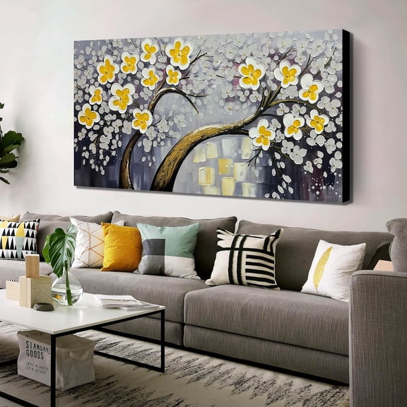 VELVET Large Canvas Wall Art for Livg Room Bedroom Home Office Gray Gold Flower Tree of Life Wall Art Hand-pated Oil Patg 10x8inch Unframed