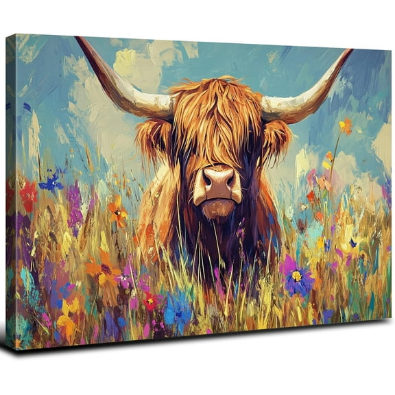 VELVET Large Cow Pictures Wall Decor Farmhouse Highland Cow Bathroom Art Rustic Vintage Abstract Wildflower Cattle Canvas Poster Living Room Animal Painting Modern Kitchen Decorin 10x8inch Framed