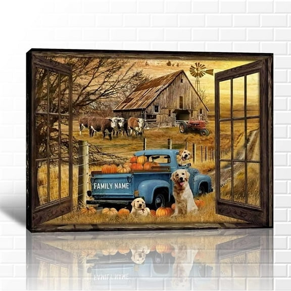 VELVET Large Farmhouse Truck Wall Art Old Window Truck Canvas Prints, Barn Pictures Wall Art for Rustic Home Decor, Farm Truck & Cow Painting, Car Posters Art for Country Wall Decor 24x20inch Framed