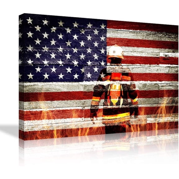VELVET Large Firefighters Fireman American Flag Canvas Wall Art Prts Home Decor Decals Gifts for Livg Room Modern Pictures Artwork Large Posters HD Prted Patg Ready to Hang 20x16inch Framed