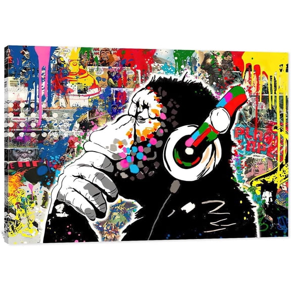 VELVET Large Graffiti Wall Art Colorful DJ Monkey Chimp Poster Pictures for Living Room Decor, Street Art Canvas, Modern Artwork 10x8inch Framed