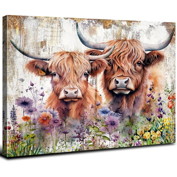 VELVET Large Highland Cow Wall Decor Bathroom Art Rustic Cow Picture for Living Room Watercolor Farmhouse Wildflower Cattle Canvas Print Kitchen Western Painting Artwork Decoration 14x11inch Framed