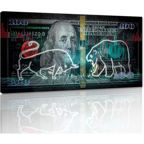 VELVET Large Stock Market Bull VS Bear Artwork Patgs Motivational 100 Dollar Money Benjam Frankl Canvas Wall Art Wooden Ready to Hang- 10x8inch Unframed