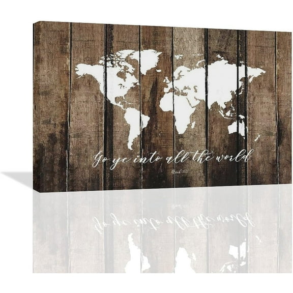 VELVET Large World Map Wall Art Rustic World Map Pictures Wall Decor Go Yeto All The World and Preach The Gospel Canvas Painting Print Home Artwork for Living Room Bathroom Master 10x8inch Framed